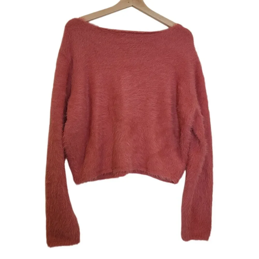 Pilcro Anthropologie Womens Fuzzy Cropped Eyelash Sweater Size Large Pink‎ Boho